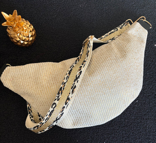 Sac banane XXL velour côtelé reflets dorés sangle noir et dorée