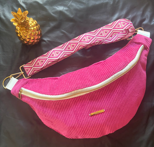 Sac banane XXL velour côtelé rose fushia