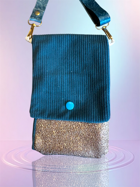 Pochette téléphone rabat velour bleu canard pochette bronze