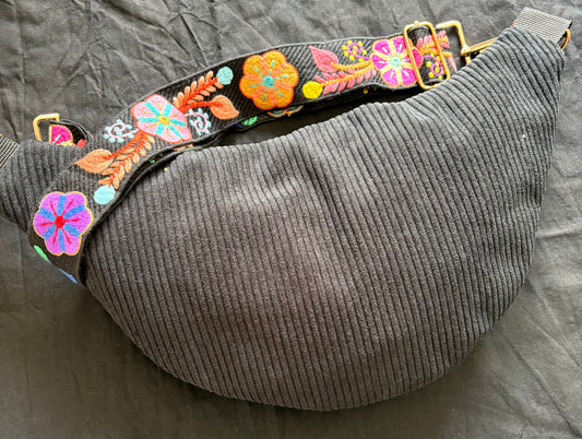 Sac banane XXL noire sangle fleurie