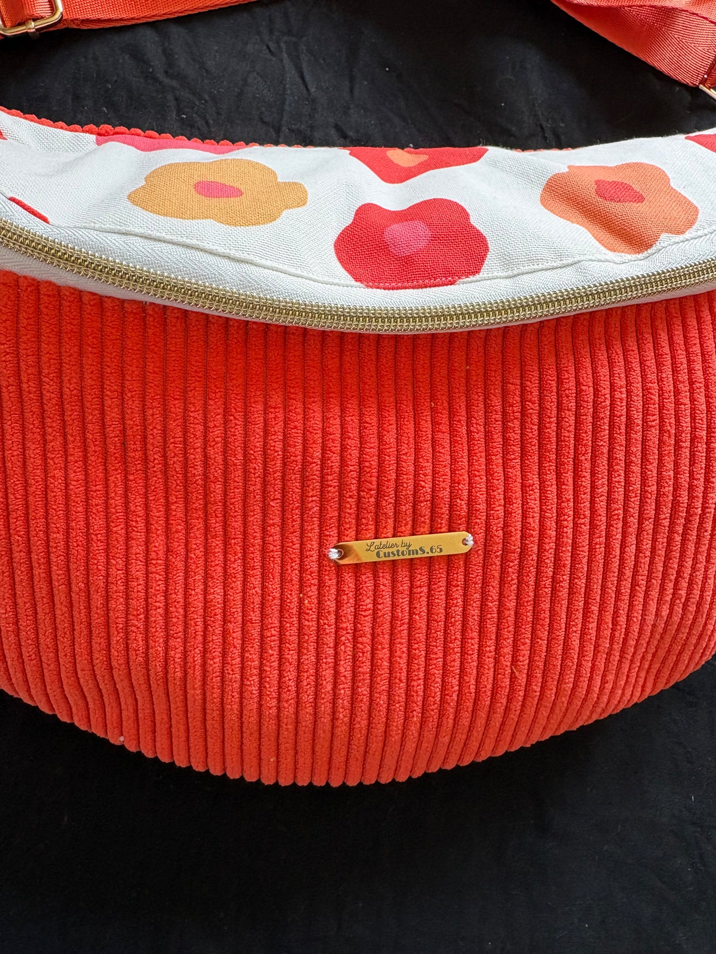 Sac banane XXL orange capot fleuri sangle orange