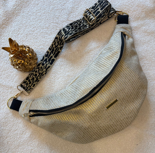 Sac banane XXL velour côtelé reflets dorés sangle noir et dorée