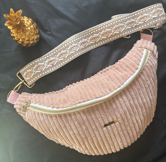 Sac banane XXL velour côtelé rose pâle