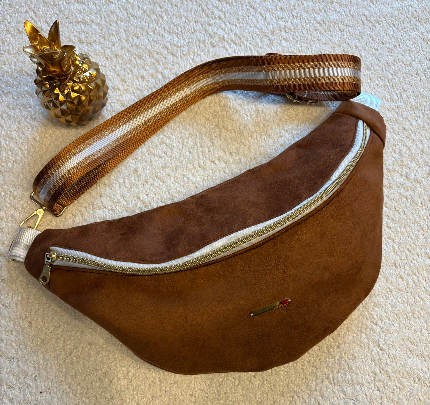 Sac banane XXL daim camel sangle camel/doré