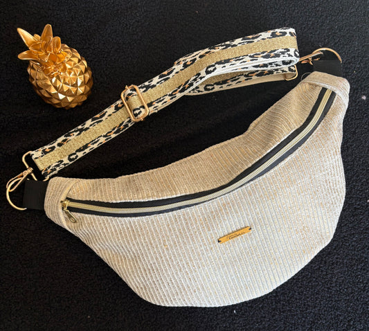 Sac banane XXL velour côtelé reflets dorés sangle noir et dorée