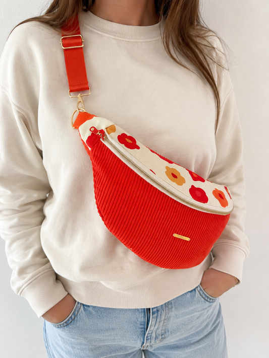 Sac banane XXL orange capot fleuri sangle orange