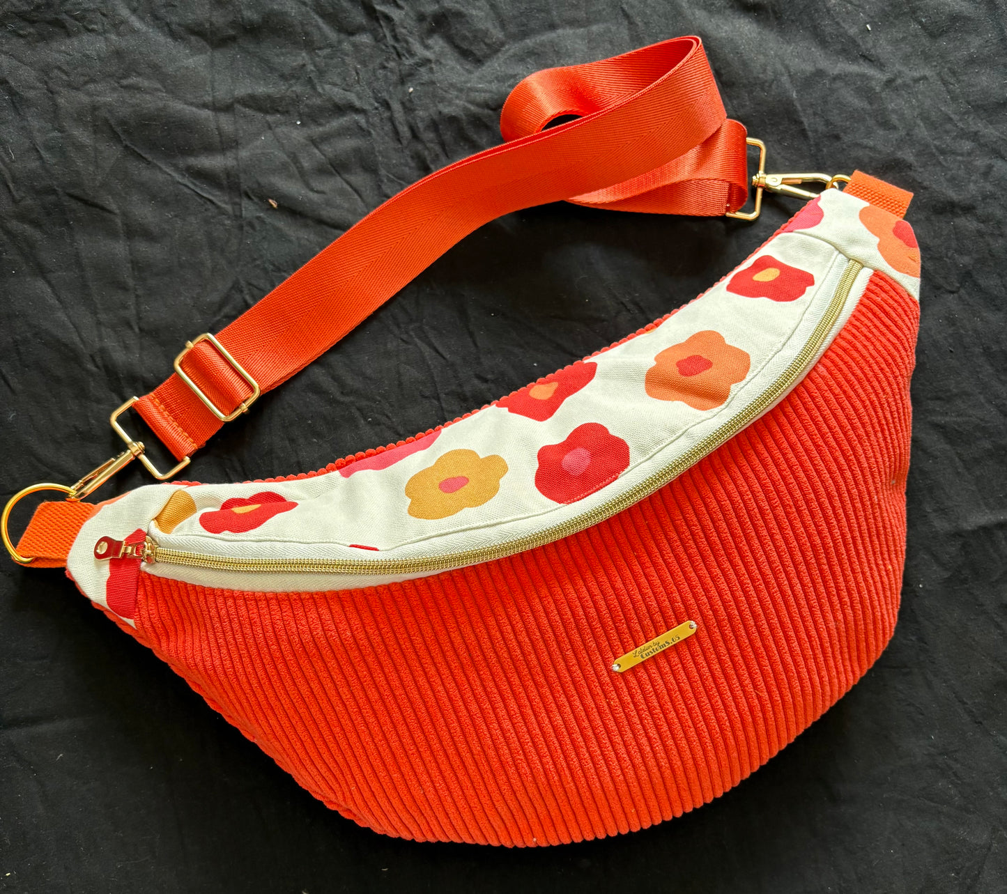 Sac banane XXL orange capot fleuri sangle orange