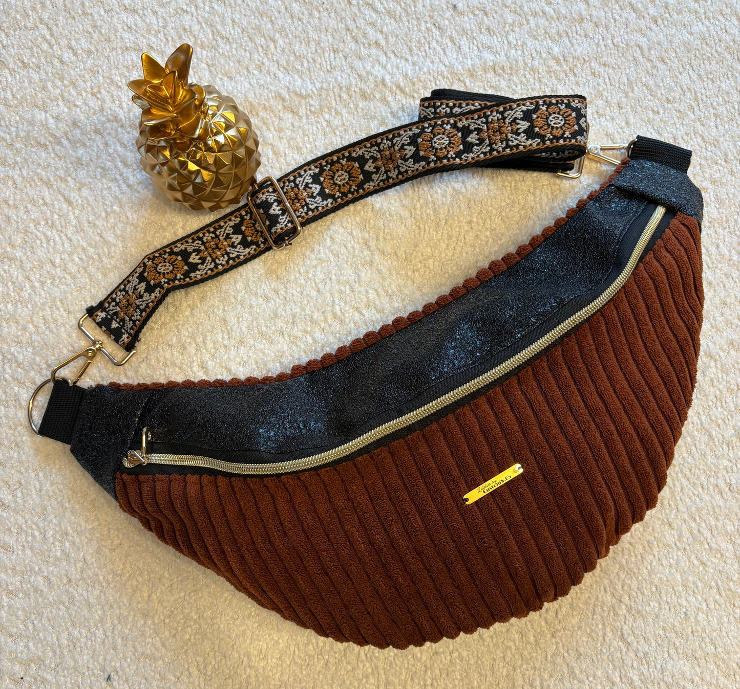 Sac banane fine côte brique capot noir pailleté sangle marron/noire