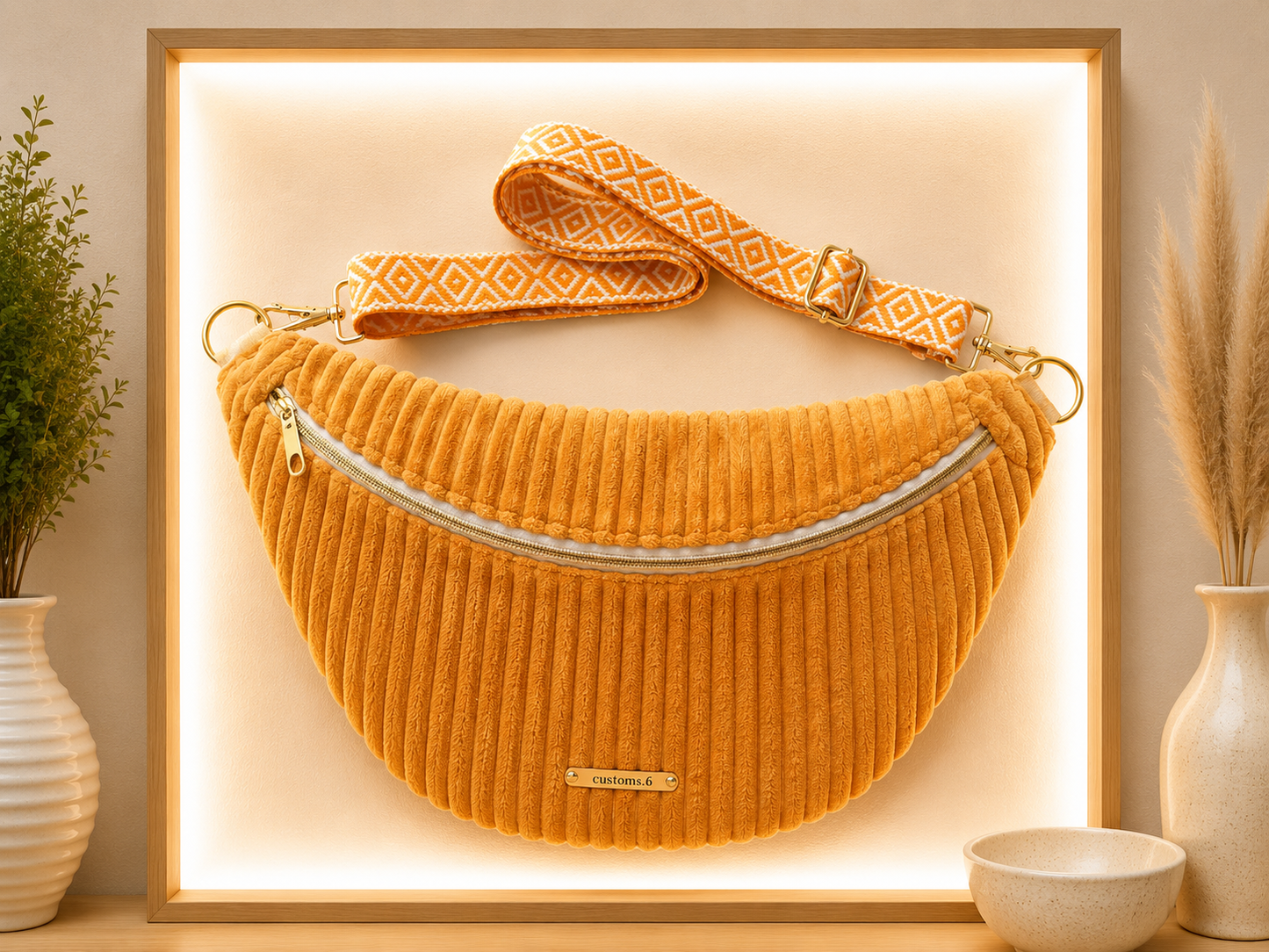 Sac banane velour grosse côte moutarde