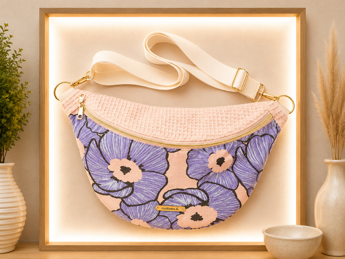 Sac banane grosse fleur bleu rose clair capot nid d'abeilles rose clair