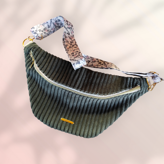 Sac banane velour grosse côte vert grisé