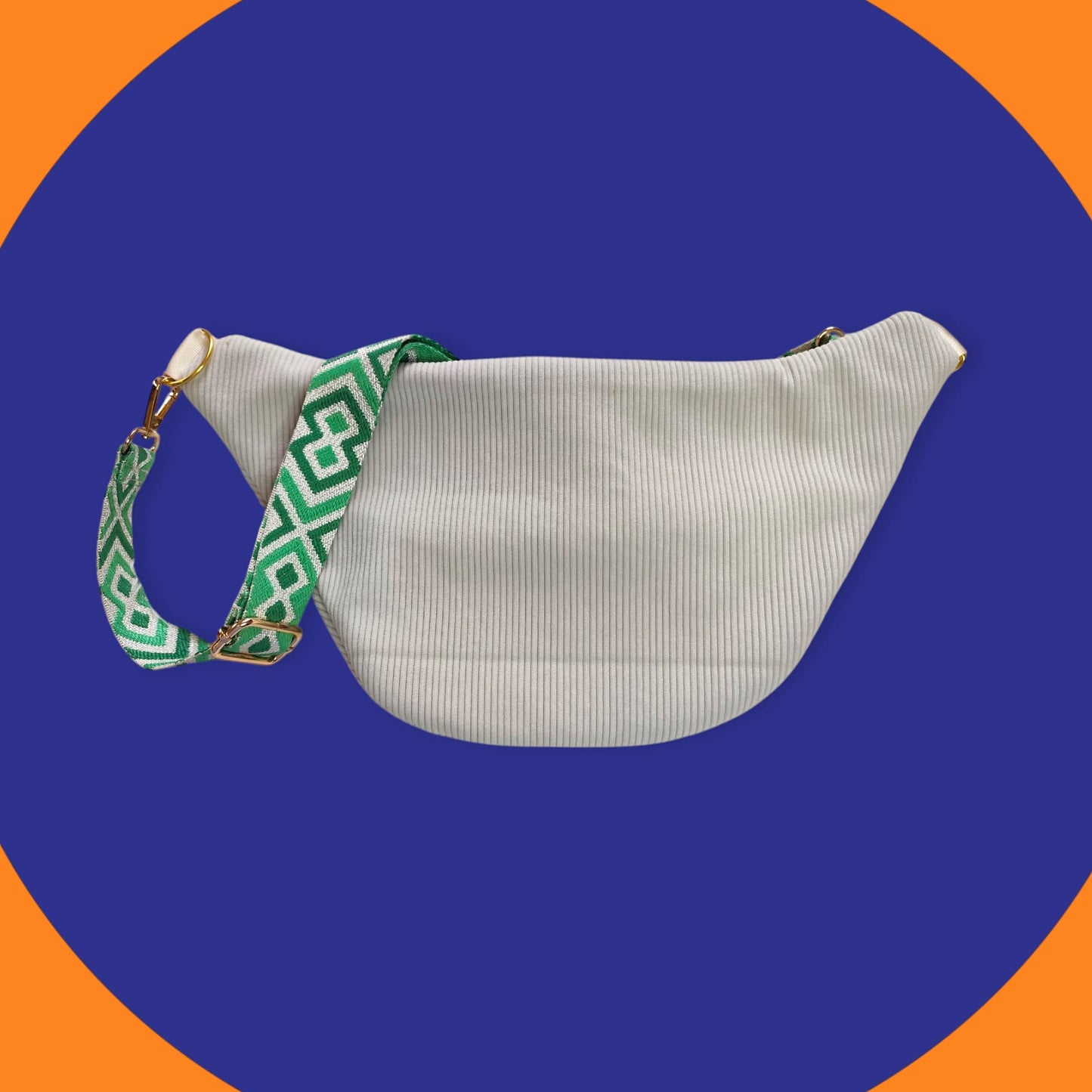 Sac banane velour côtelé crème capot cuir vegan doré détail vert