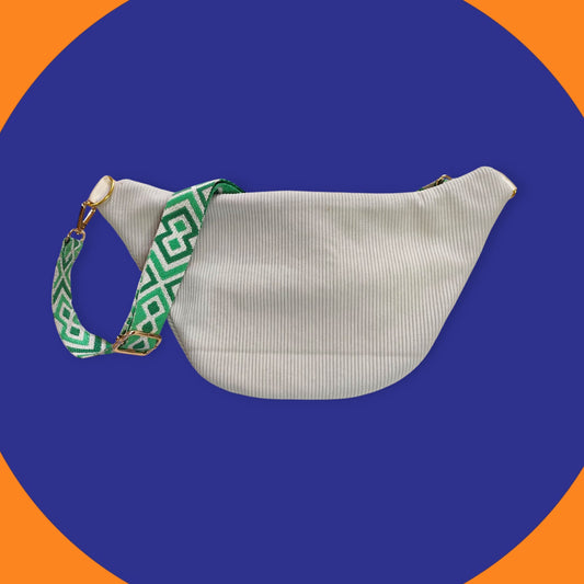 Sac banane velour côtelé crème capot cuir vegan doré détail vert