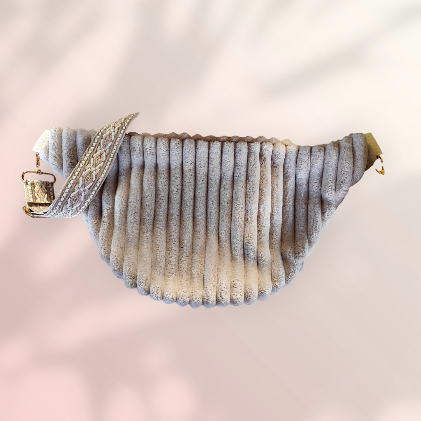 Sac banane velour très grosse côte beige taupe détails vieux rose