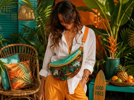 Sac banane tissu tropical capot cuir vegan turquoise