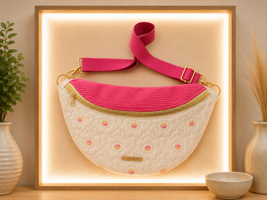 Sac banane matelassé fleur écru capot velour côtelé fushia