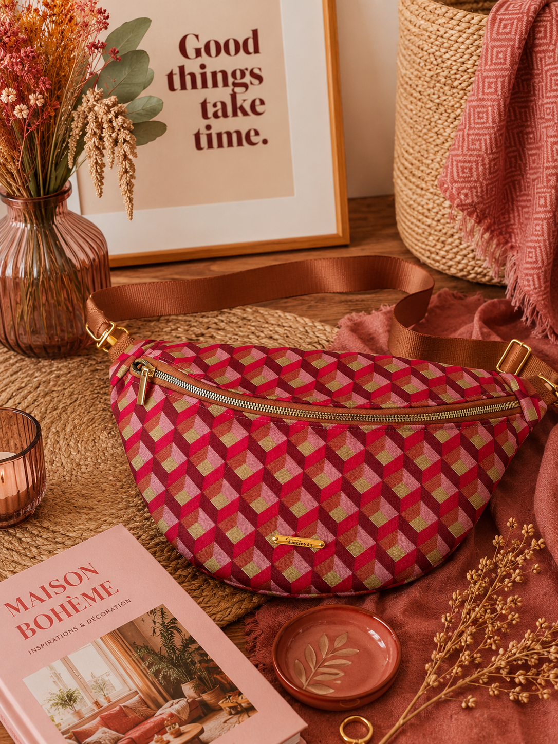 Sac banane cubik framboise doré camel