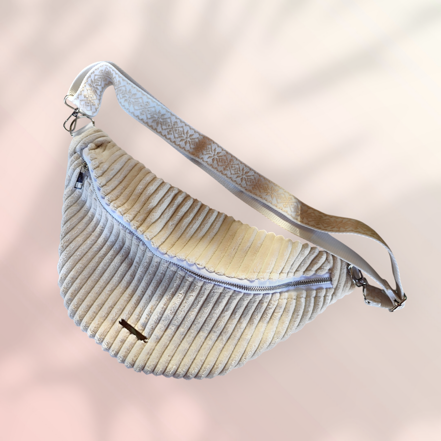 Sac banane velour grosse côte beige