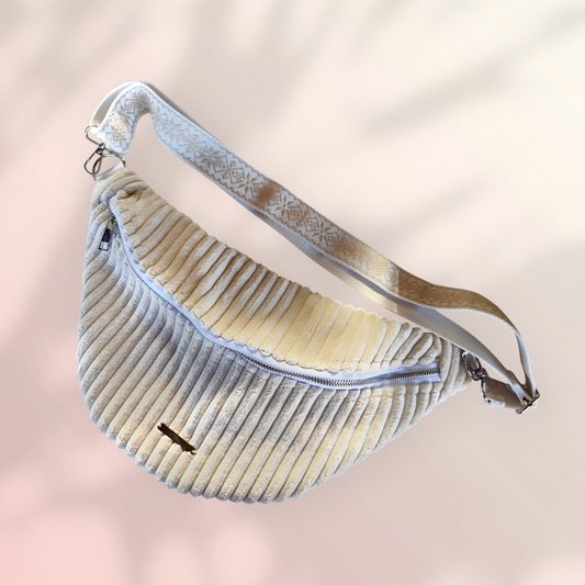 Sac banane velour grosse côte beige