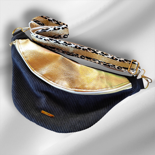 Sac banane velour côtelé noir capot doré