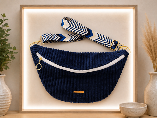 Sac banane velour grosse côte bleu marine