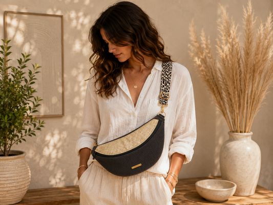 Sac banane velour côtelé noir capot doré