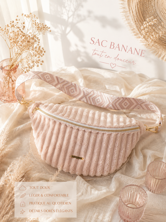 Sac banane velour grosse côte rose pâle