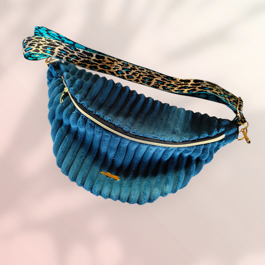 Sac banane velour très grosse côte bleu canard