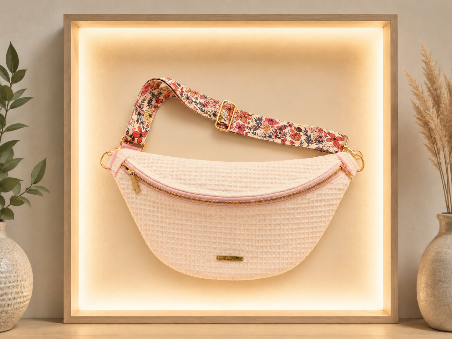Sac banane nid d'abeilles blanc écru détail rose