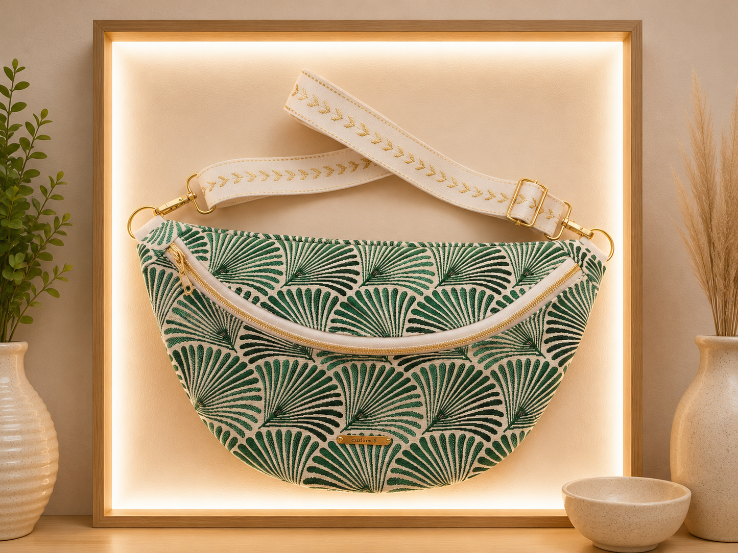 Sac banane motif feuille palmier vert