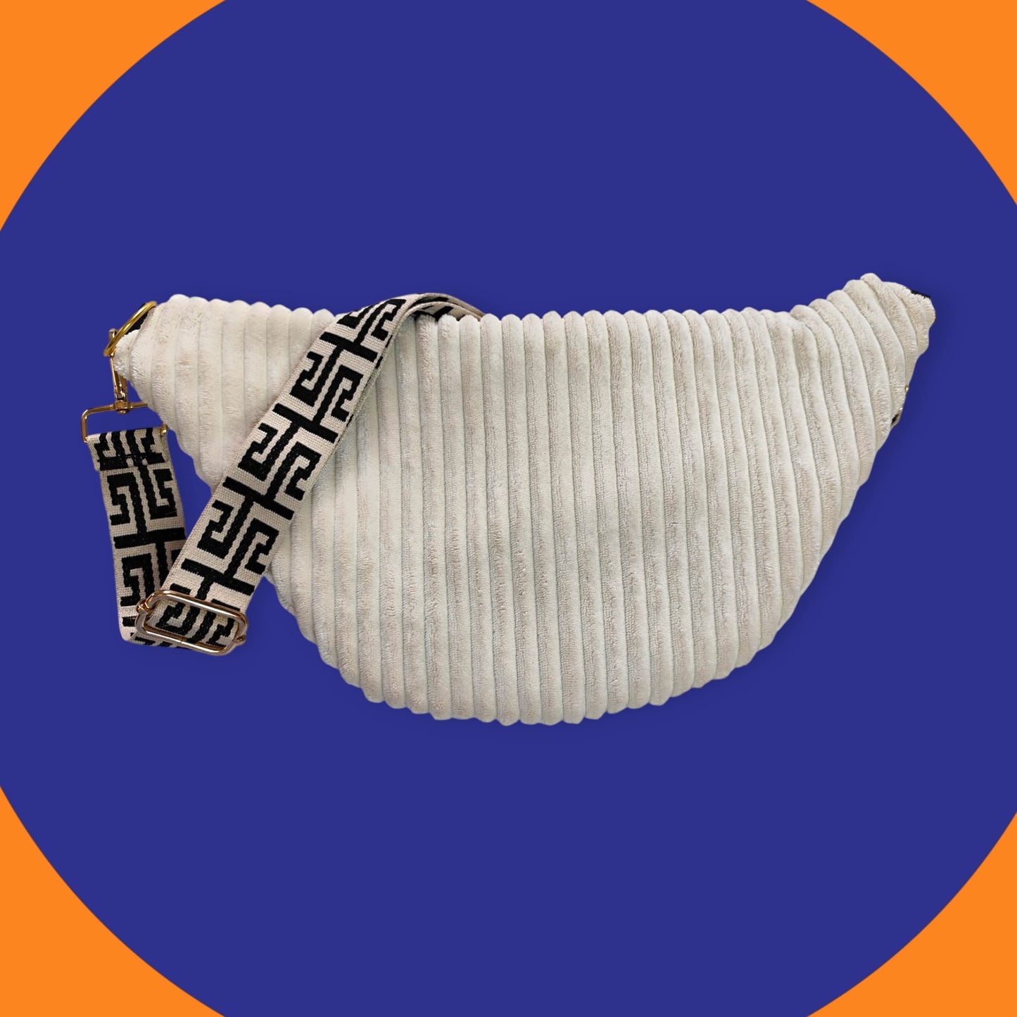 Sac banane velour grosse côte crème détail noir