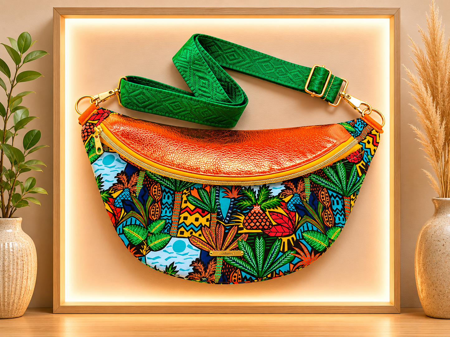 Sac banane tissu tropical capot cuir vegan cuivre