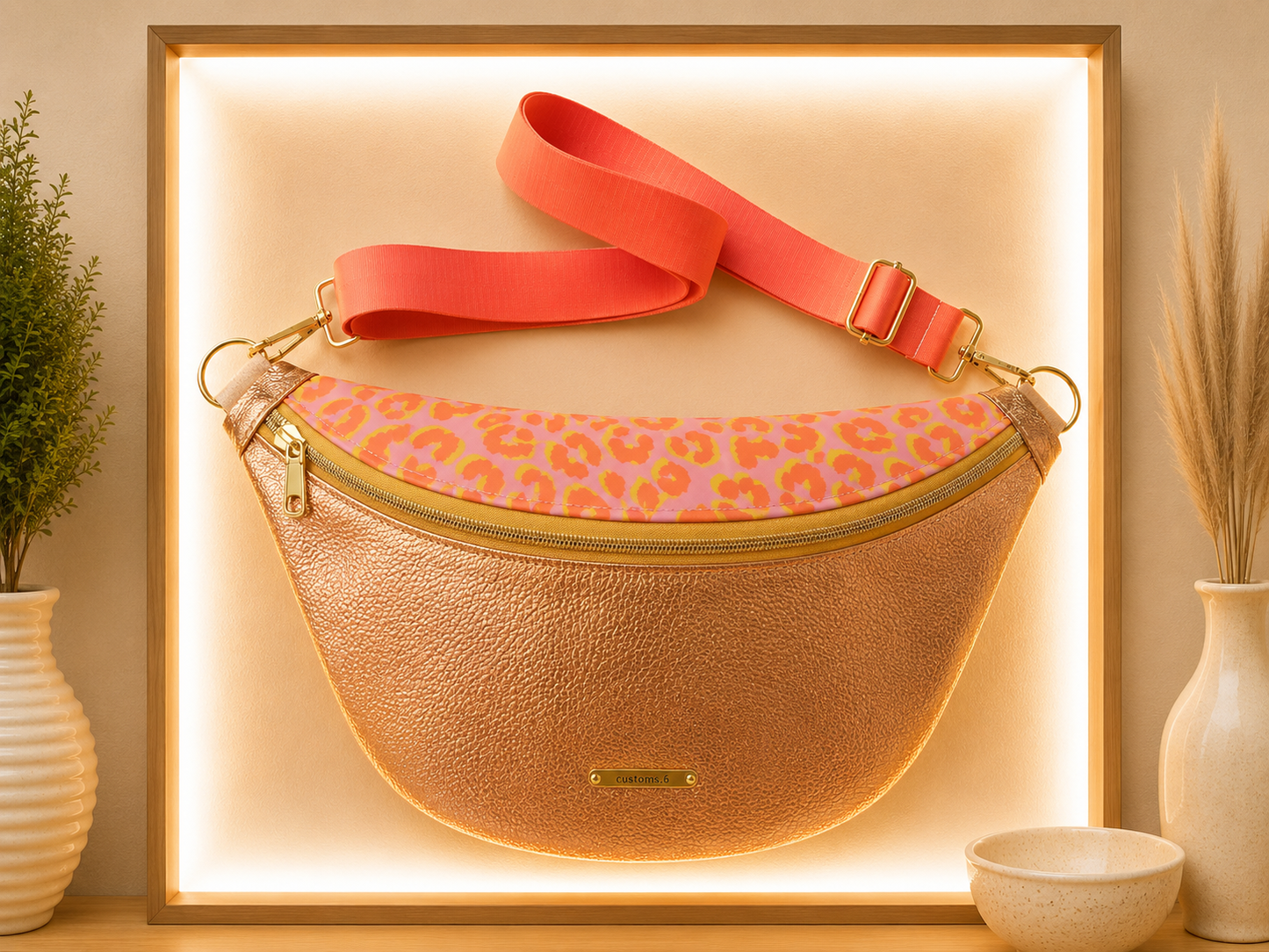 Sac banane cuir végan cuivre capot cuir végan léopard rose peps