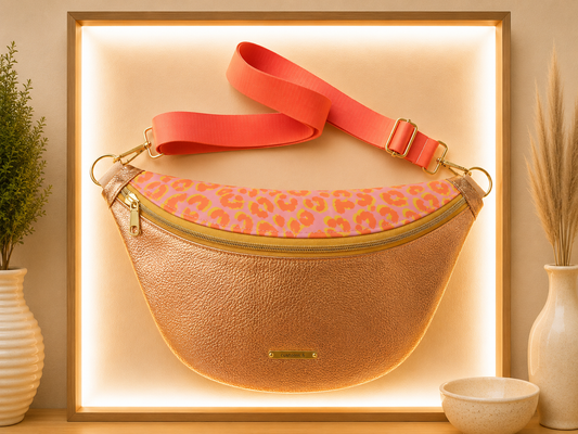 Sac banane cuir végan cuivre capot cuir végan léopard rose peps