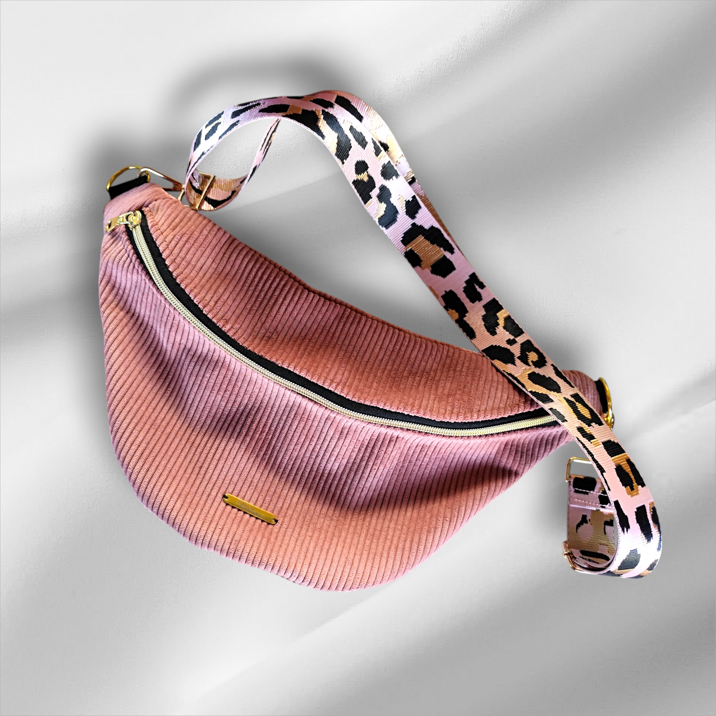 Sac banane velour côtelé vieux rose sangle léopard