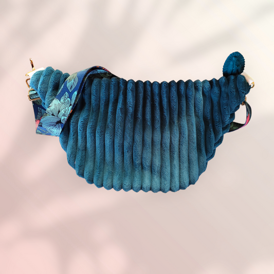Sac banane velour très grosse côte bleu canard