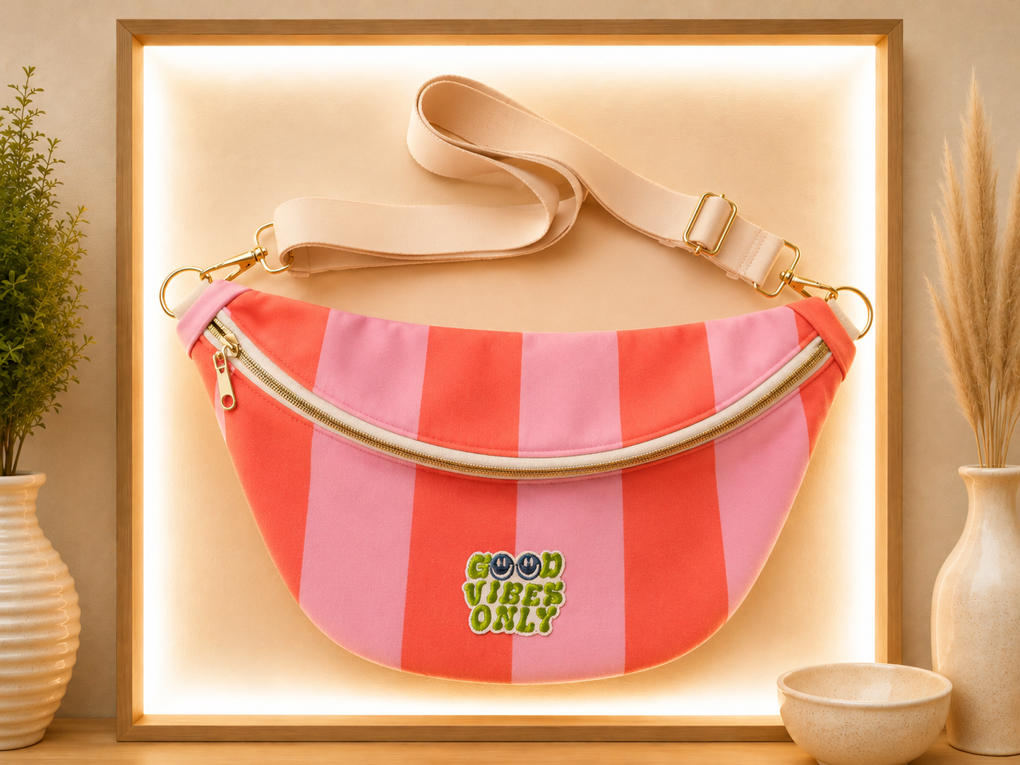 Sac banane rayé orange rose