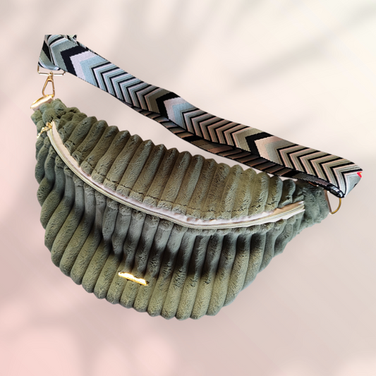 Sac banane velour très grosse côte vert kaki