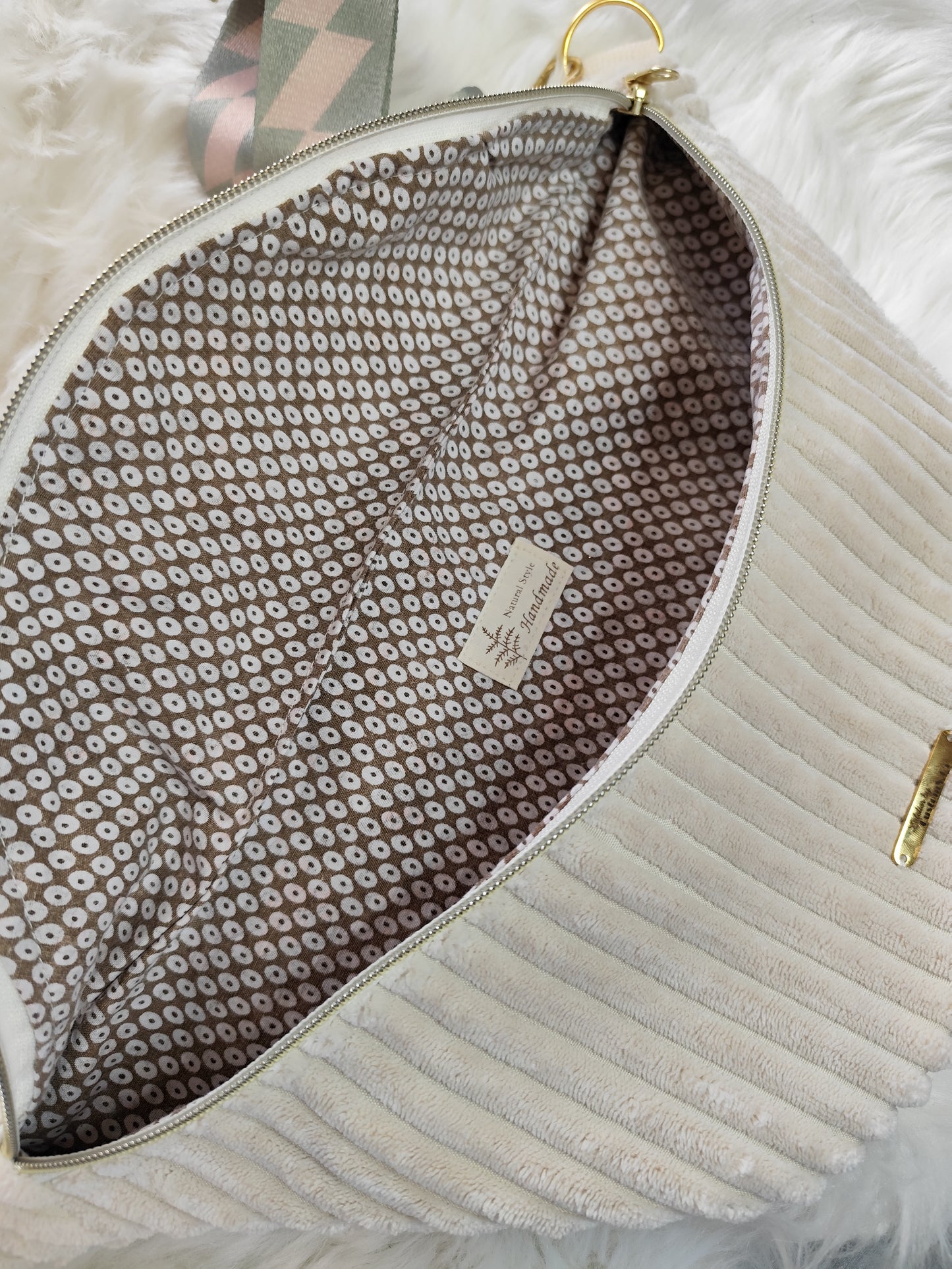 Sac banane velour grosse côte crème