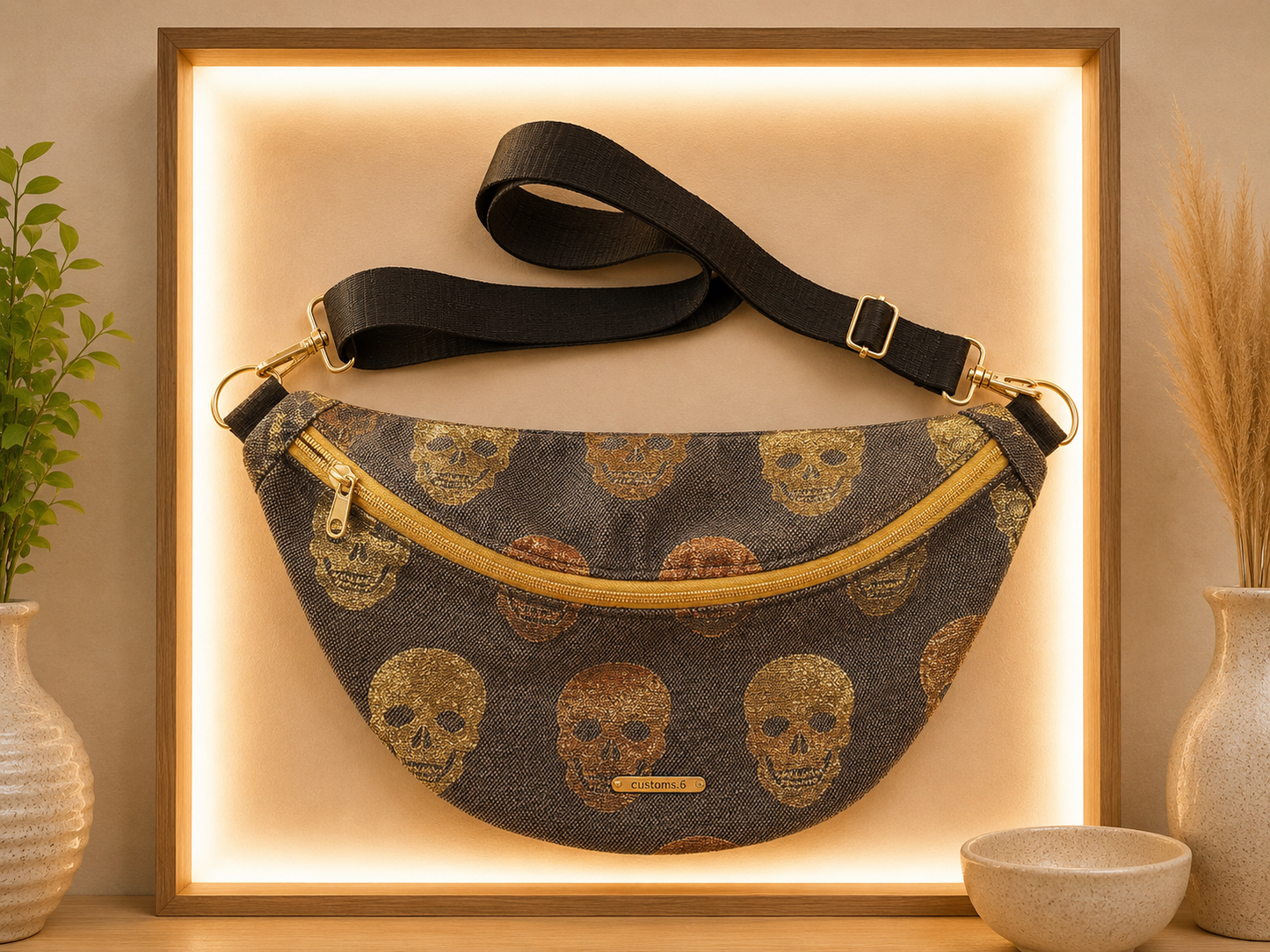 Sac banane grise motif skull or