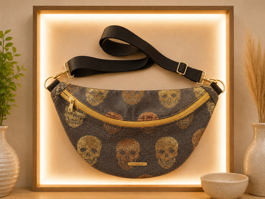 Sac banane grise motif skull or