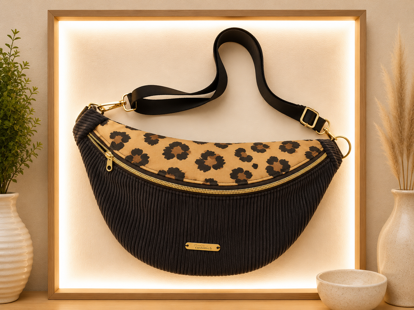 Sac banane velour côtelé noir capot léopard