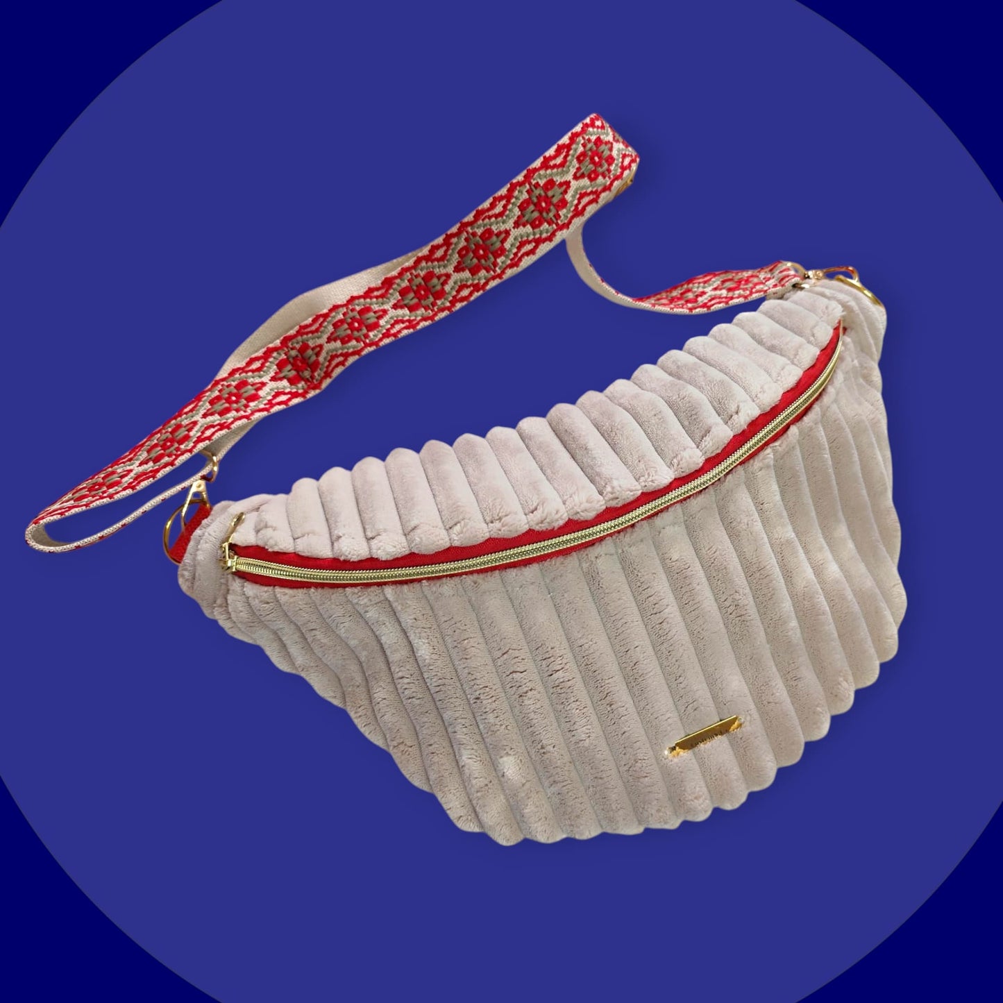 Sac banane très grosse côte beige detail rouge