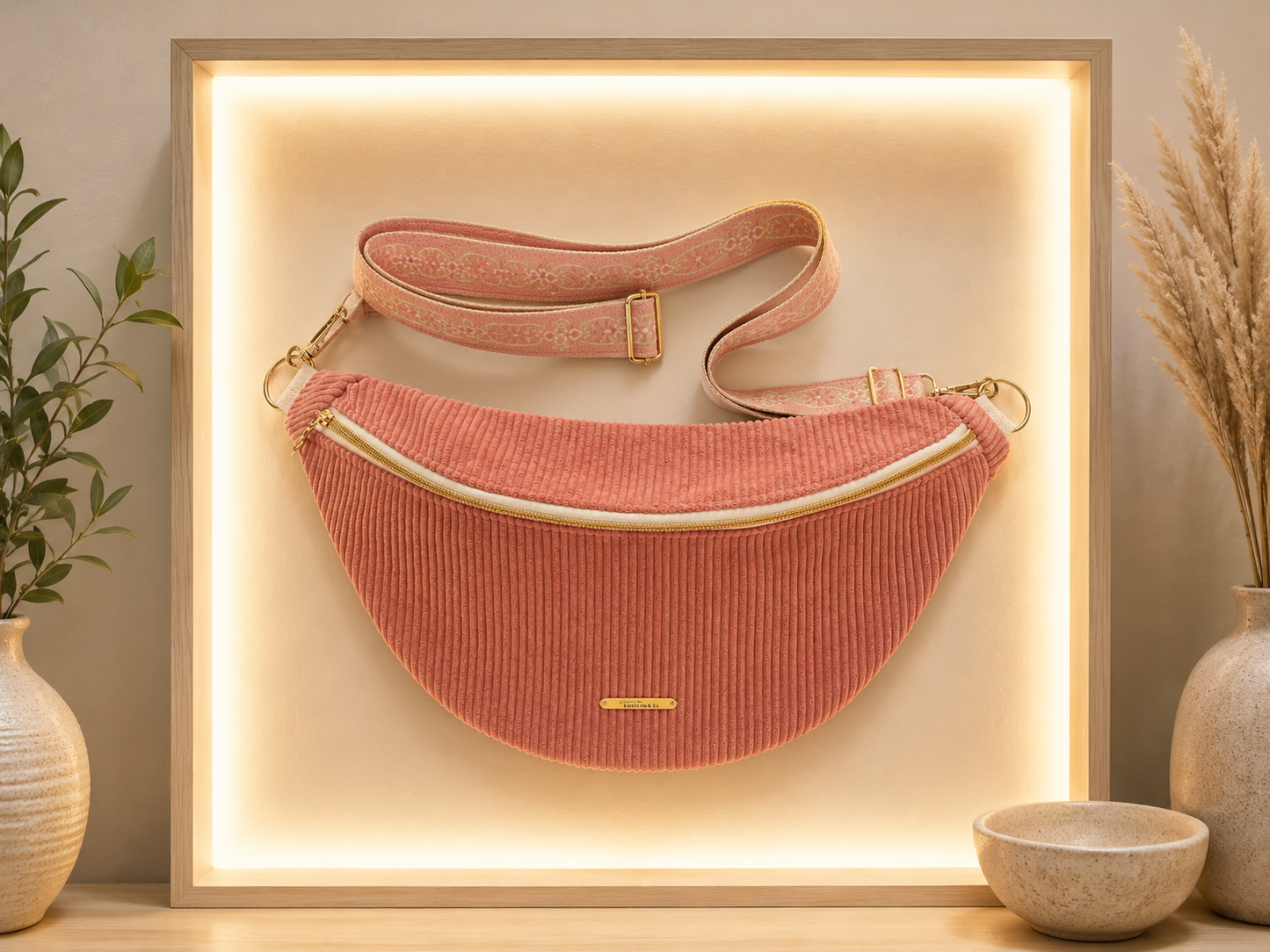 Sac banane velour côtelé vieux rose sangle écru vieux rose