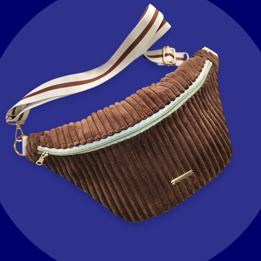 Sac banane velour grosse côte marron