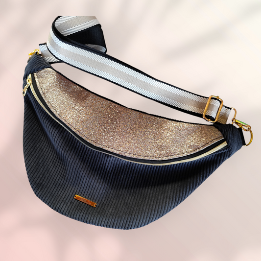 Sac banane velour côtelé noir capot mordoré