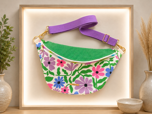 Sac banane tissu fleuri capot velours côtelé vert Brésil