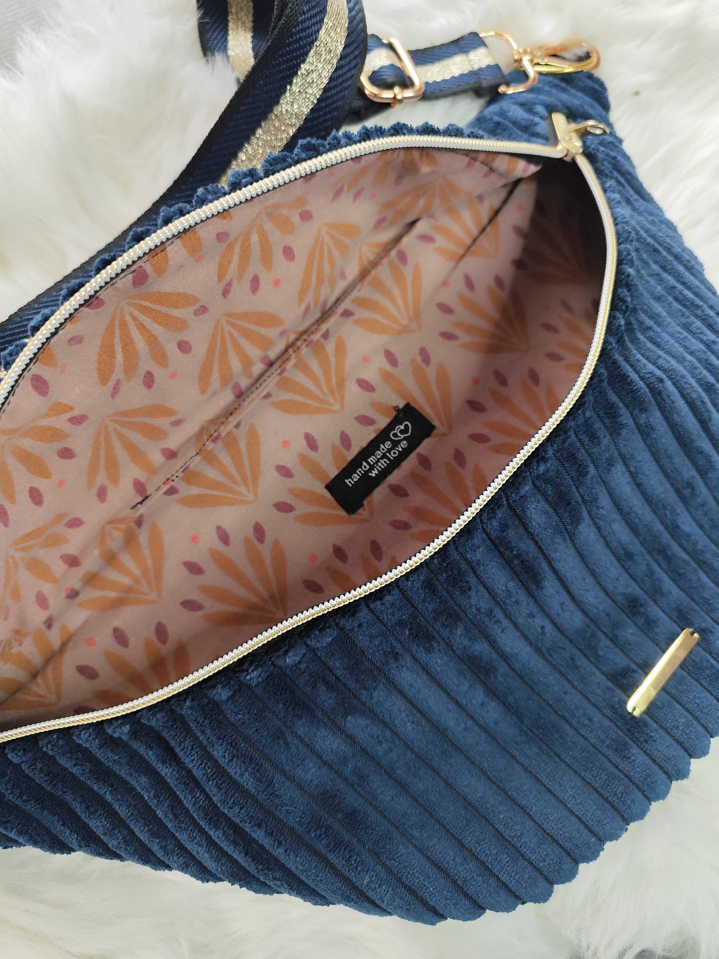 Sac banane velour grosse côte bleu marine