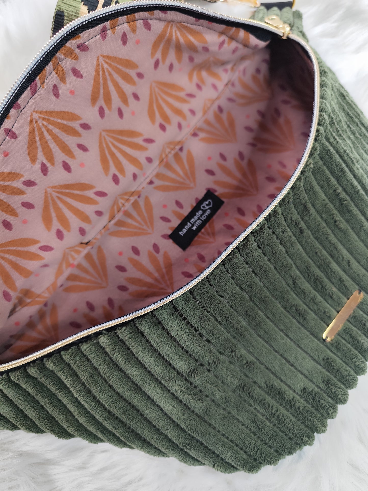 Sac banane velour grosse côte vert kaki