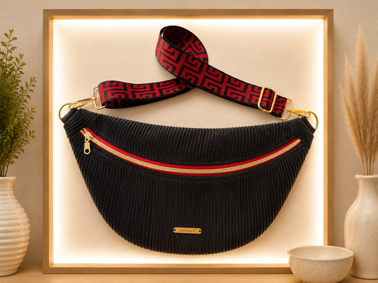 Sac banane velour côtelé noir détail rouge